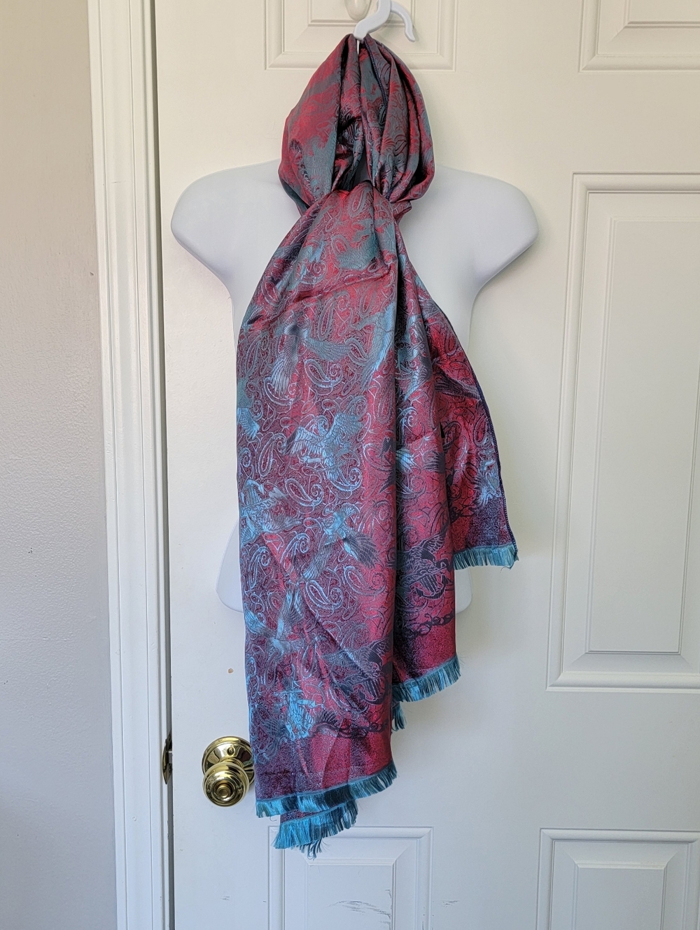 Thaisilk 100% Silk Fuschia Aqua Blue Fringed Scarf Wrap Cranes Paisley 27" X 70"